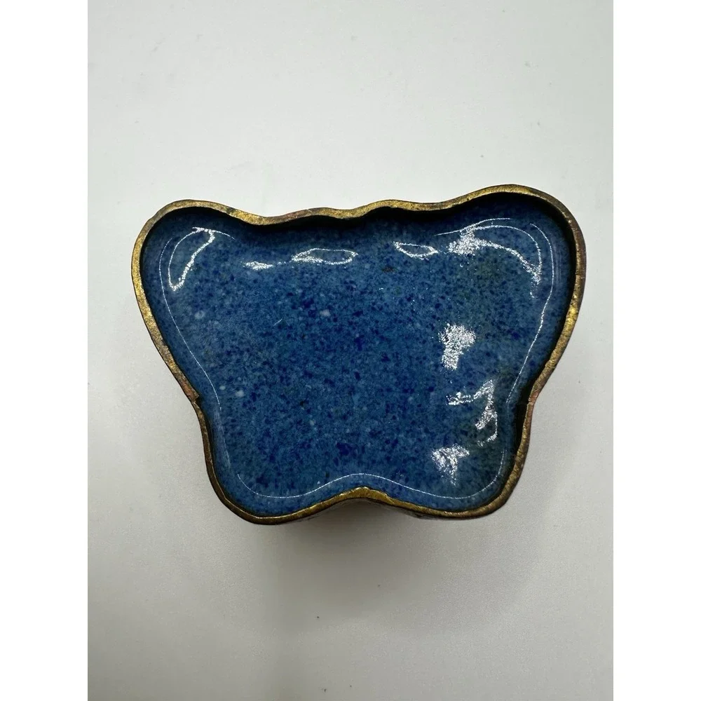 Cloisonné Enamel On Brass Butterfly Shape Trinket Pill Box Multi Color‎ Vintage